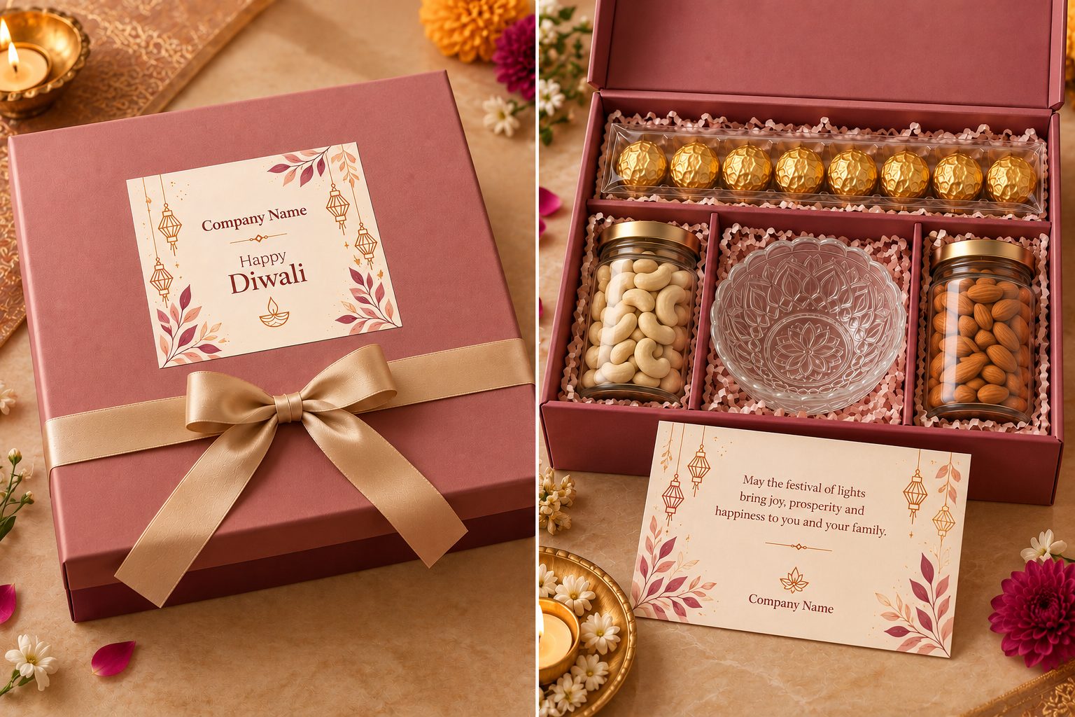 Rose gift box opened to show gold-wrapped chocolates, cashews, almonds, a crystal glass bowl and greeting card