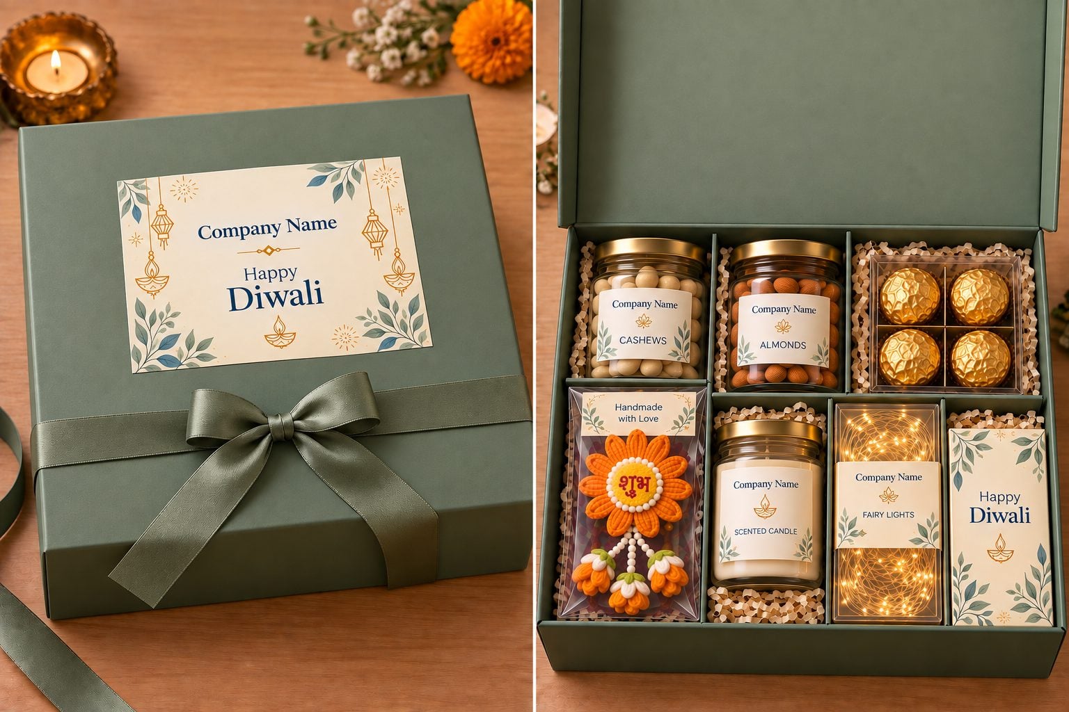 Sage green Diwali gift box with company label, and opened to show cashews, almonds, chocolates, a toran, scented candle and fairy lights