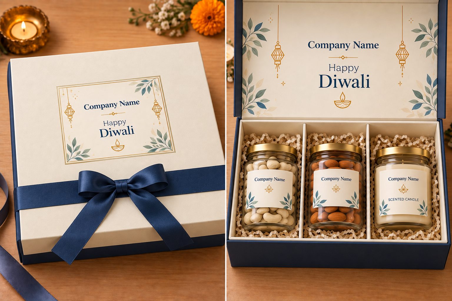 Ivory and navy gift box with navy ribbon, opened to show cashews, almonds and a scented candle in branded jars