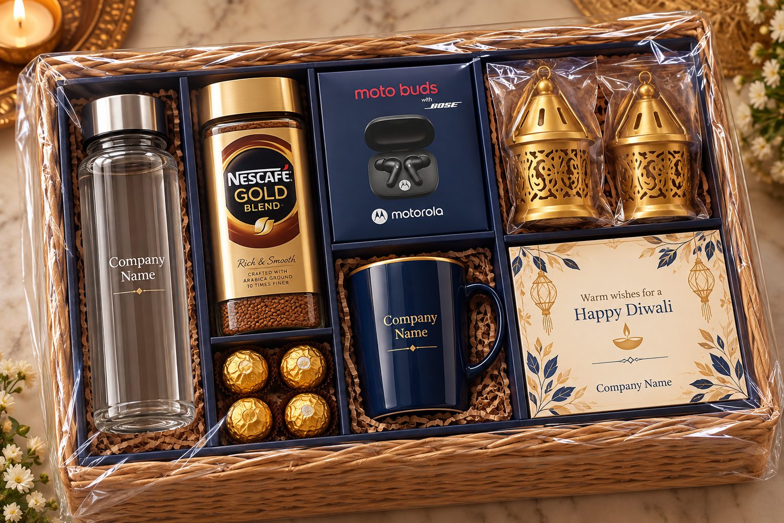Wicker hamper with a glass bottle, premium coffee, wireless earbuds, chocolates, branded mug, gold lanterns and greeting card