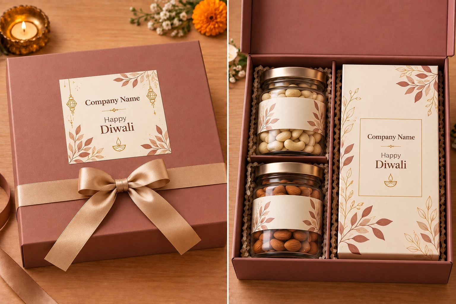 Rose gift box with a Happy Diwali label and gold ribbon, opened to show cashew and almond jars and a greeting card box