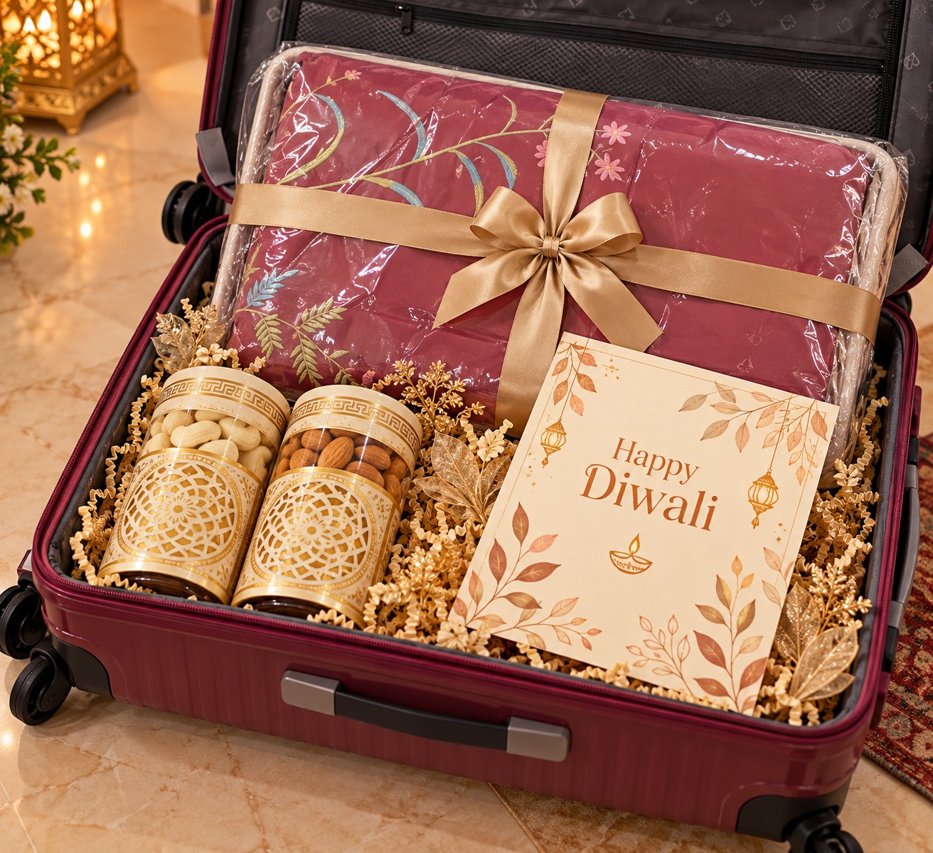 Premium burgundy trolley with curated Diwali gifts, almonds, cashews, and festive decorations